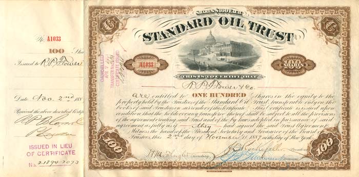 Standard Oil Trust signed by J.D. Rockefeller and H.M. Flagler - Stock Certificate